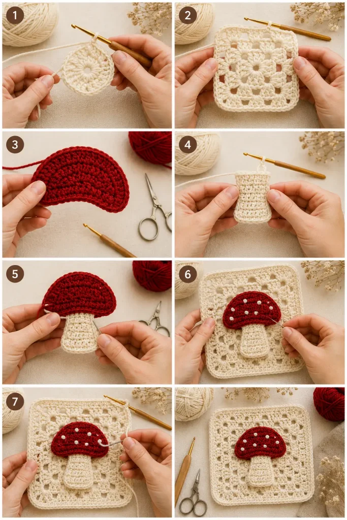 Woodland Toadstool Granny Square Crochet Pattern