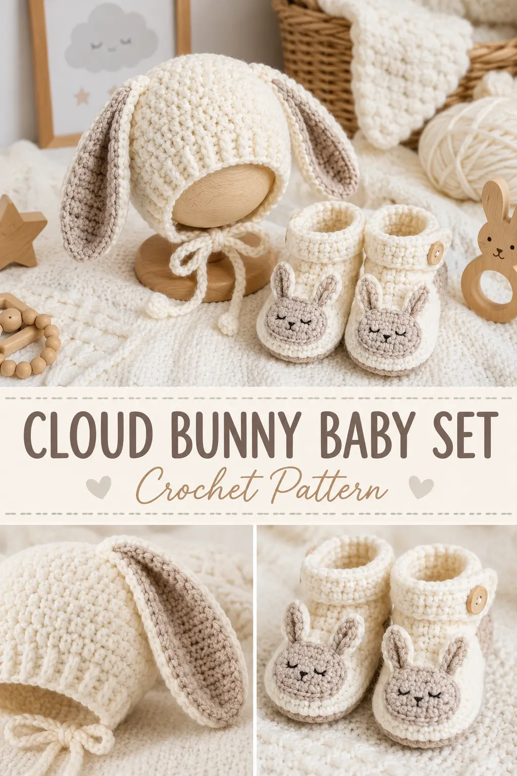Cloud Bunny Baby Bonnet & Booties Set Free Crochet Pattern