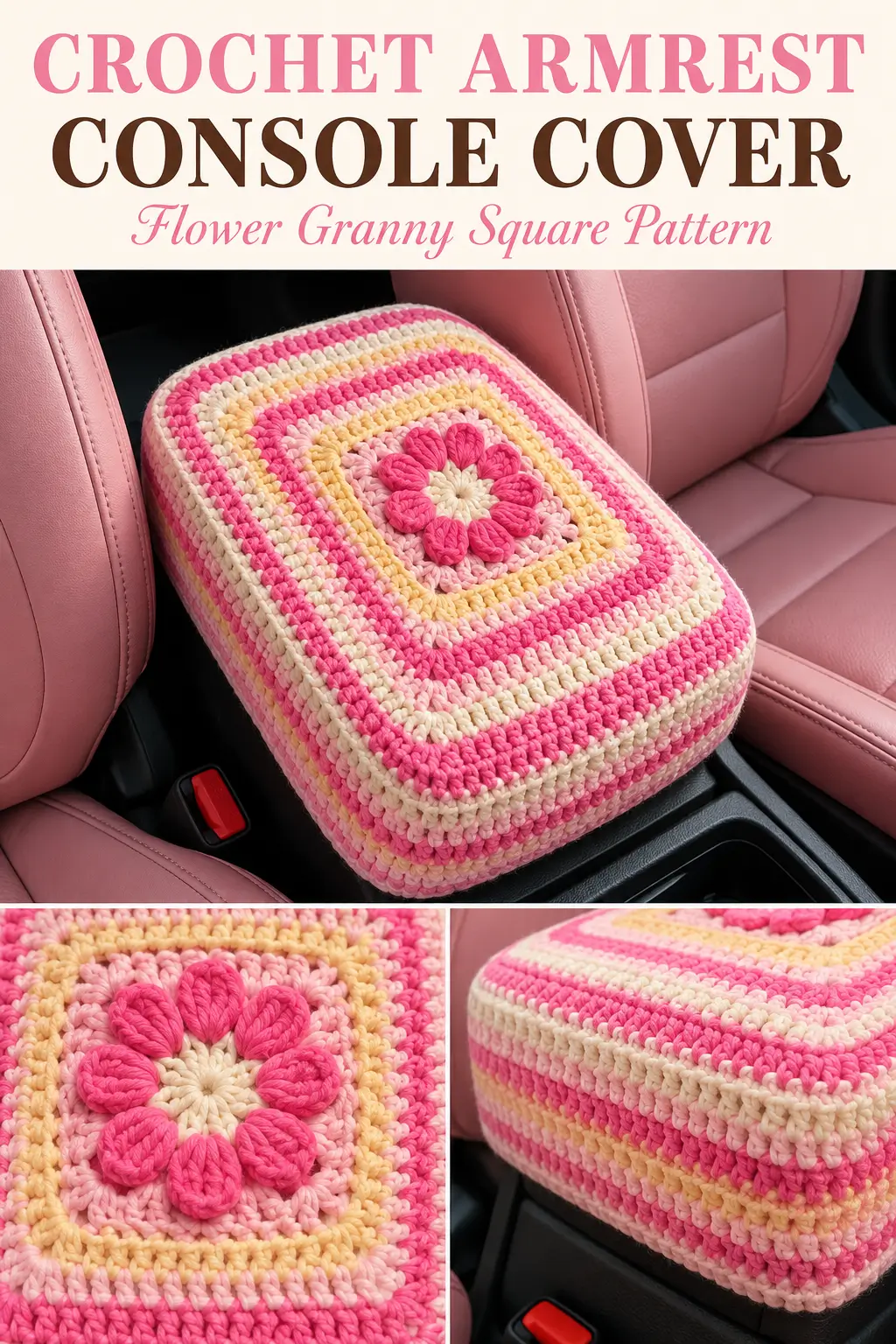 Crochet Armrest Console Cover Pattern with Flower Granny Square