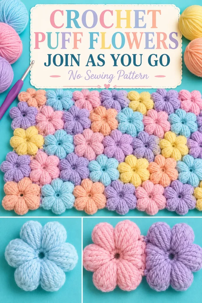 Crochet Puff Flowers Join-As-You-Go Pattern – No Sewing Flower Motifs