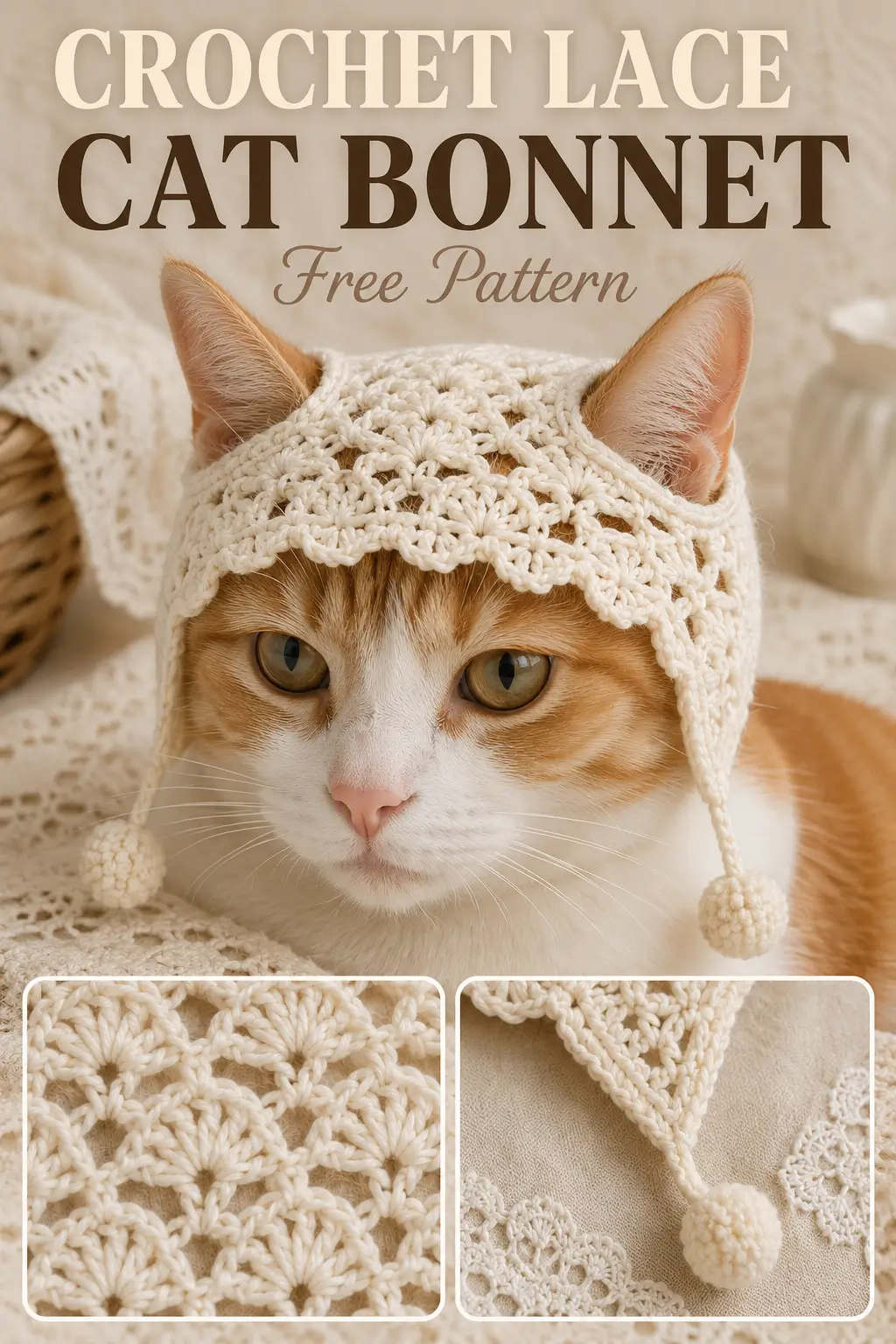 Crochet Lace Cat Bonnet Pattern with Ear Openings