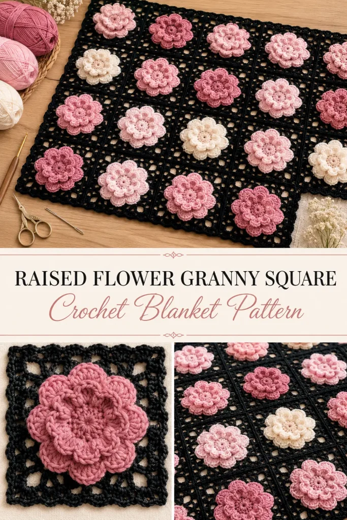 Raised Flower Granny Square Blanket Pattern