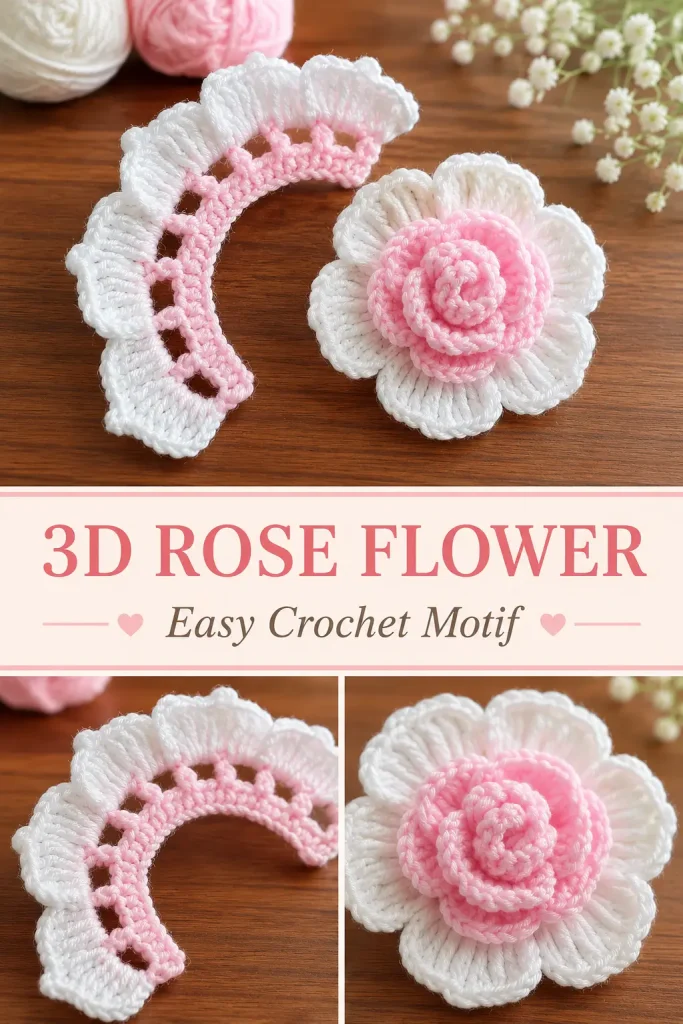 3D Rose Flower Crochet Motif Free Pattern