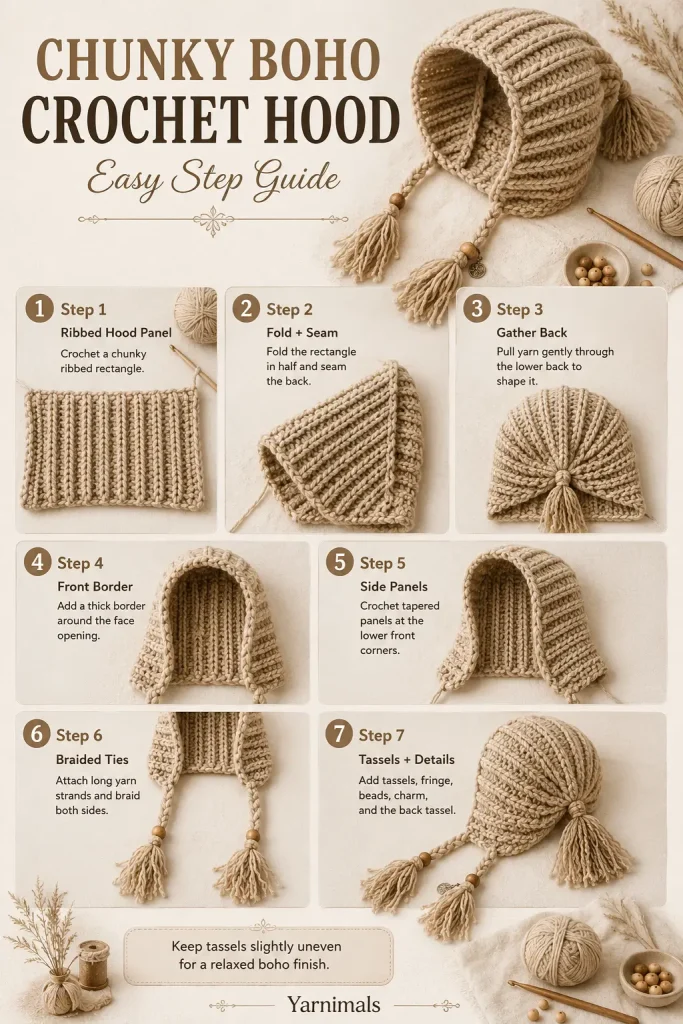 Chunky Boho Crochet Hood Pattern with Braided Tassels