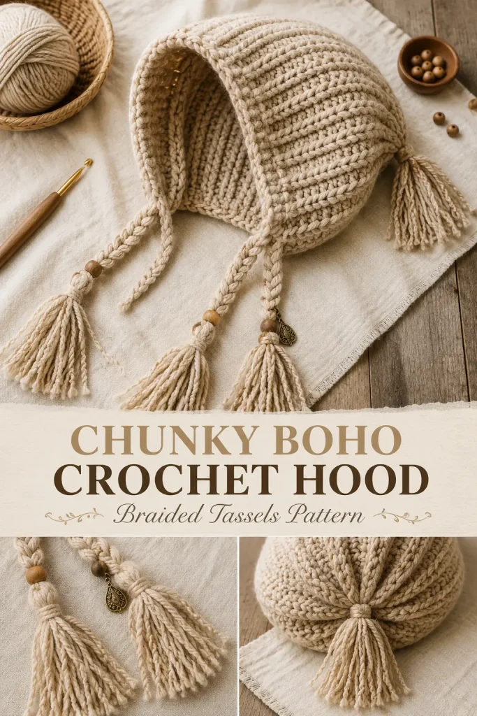Chunky Boho Crochet Hood Pattern with Braided Tassels