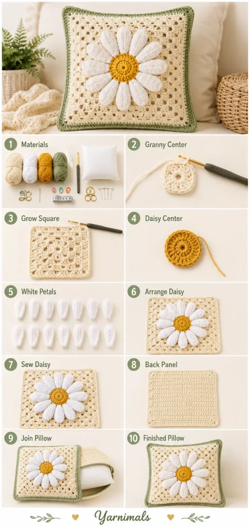 3D Daisy Pillow Square Free Crochet Pattern