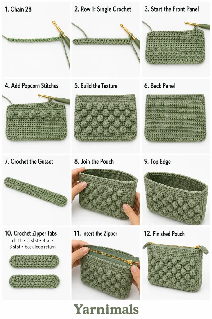 Easy Popcorn Stitch Crochet Zipper Pouch Pattern