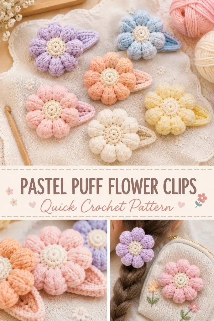 Pastel Puff Flower Hair Clip Set Free Crochet Pattern