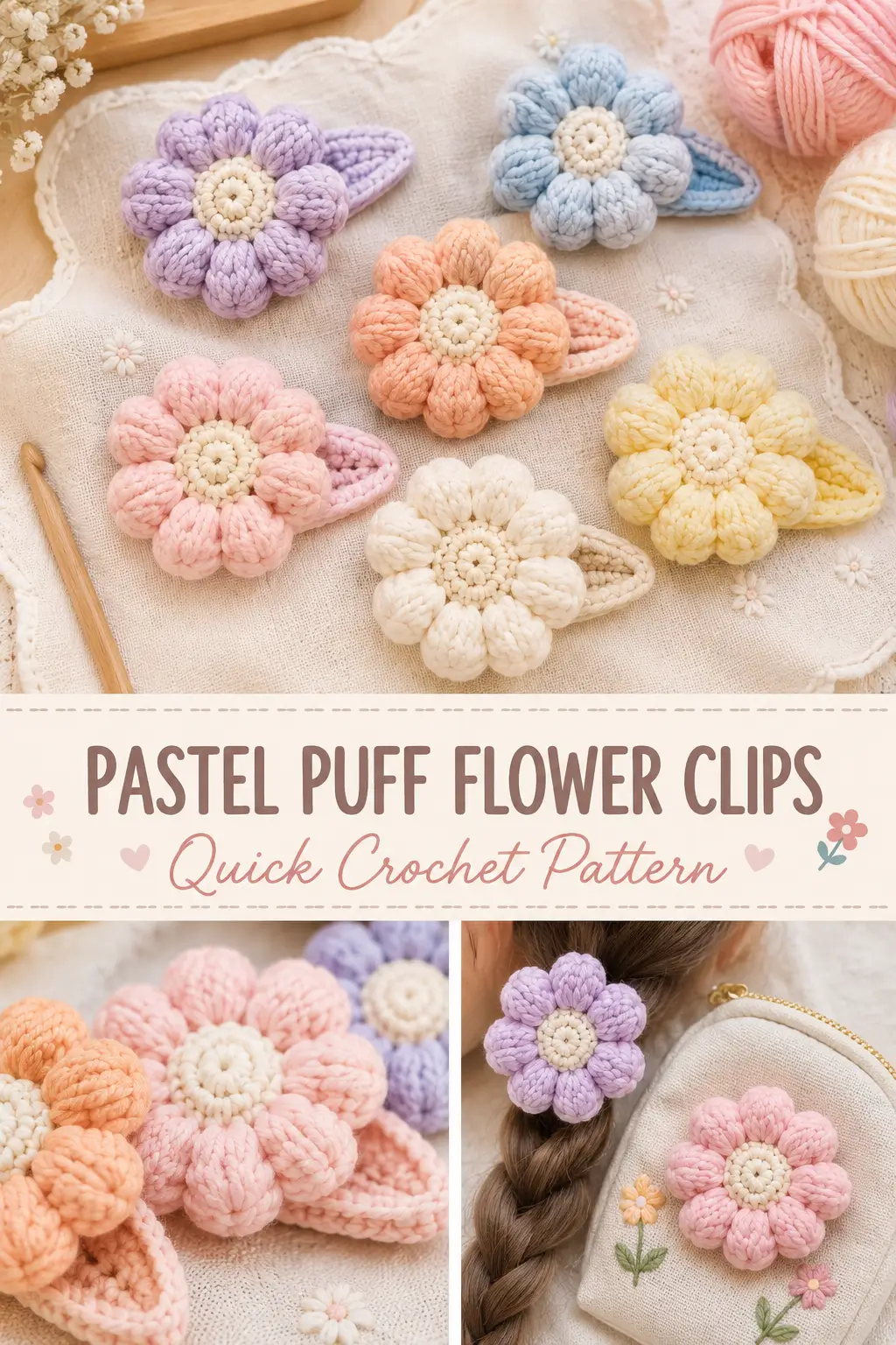 Pastel Puff Flower Hair Clip Set Free Crochet Pattern