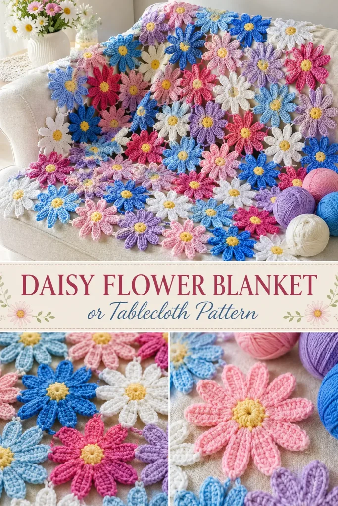 Easy Crochet Daisy Flower Blanket or Tablecloth Pattern