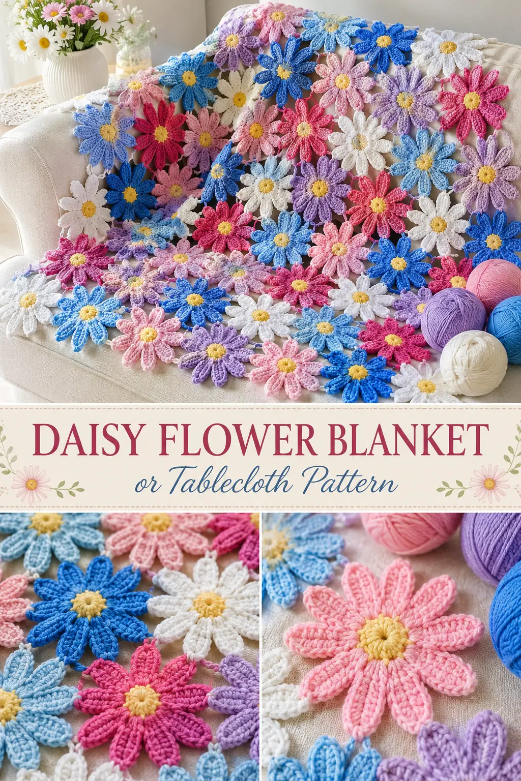 Easy Crochet Daisy Flower Blanket or Tablecloth Pattern