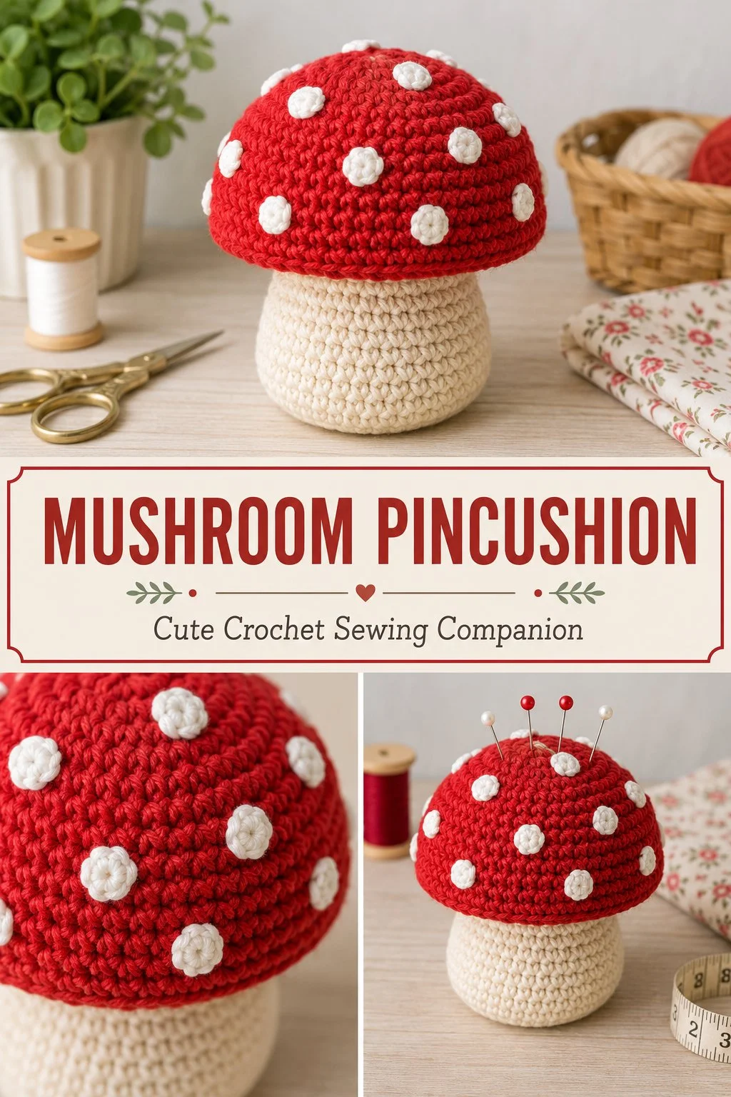 Colorful Mushroom Pincushion for sewing with whimsical design