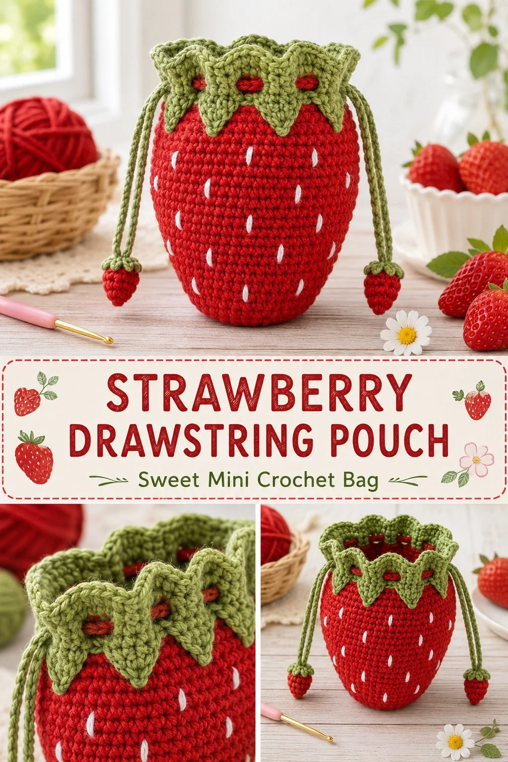 Colorful strawberry drawstring pouch for organizing essentials