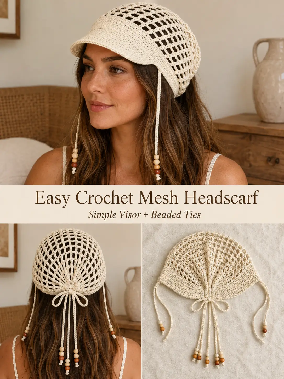 Easy Crochet Mesh Headscarf with Visor and Beaded Ties