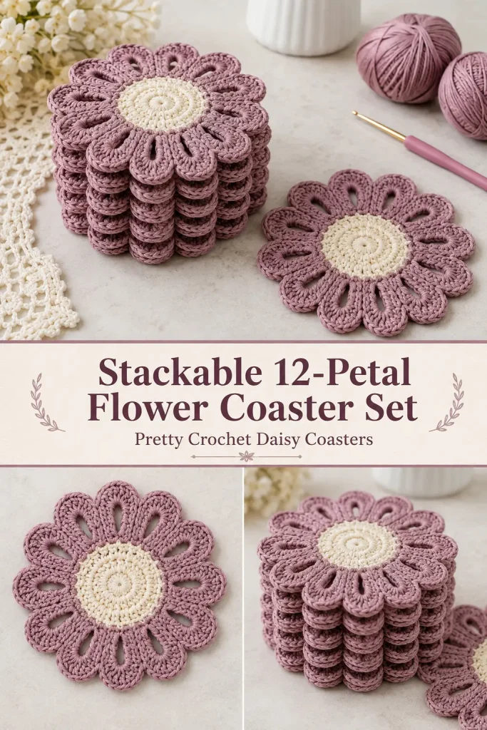 Stackable 12-Petal Flower Coaster Set Free Crochet Pattern