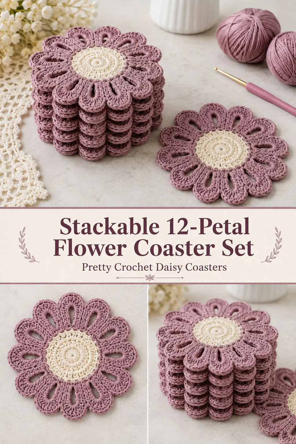 Stackable 12-Petal Flower Coaster Set Free Crochet Pattern