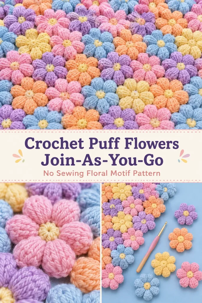 Crochet Puff Flowers Join-As-You-Go Pattern – No Sewing