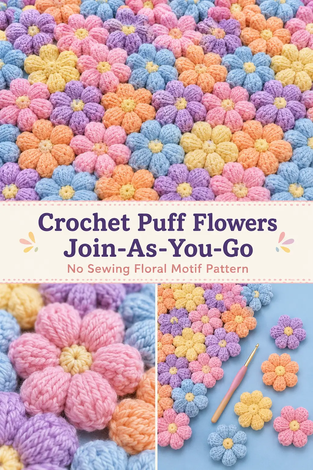 Crochet Puff Flowers Join-As-You-Go Pattern – No Sewing