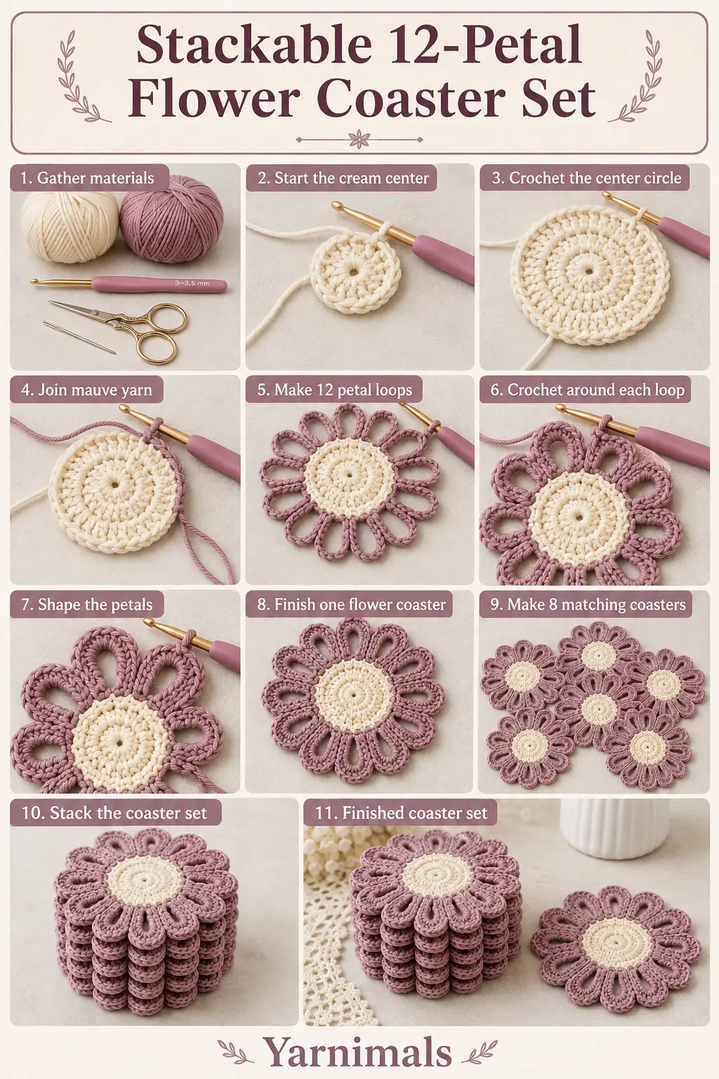Stackable 12-Petal Flower Coaster Set Free Crochet Pattern