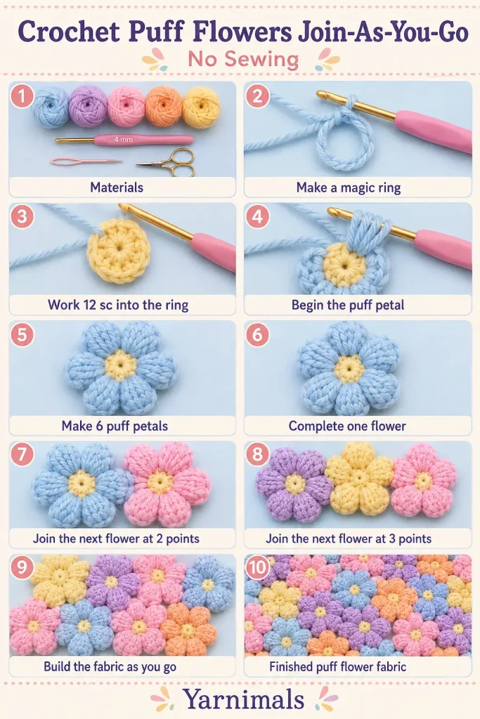 Crochet Puff Flowers Join-As-You-Go Pattern – No Sewing