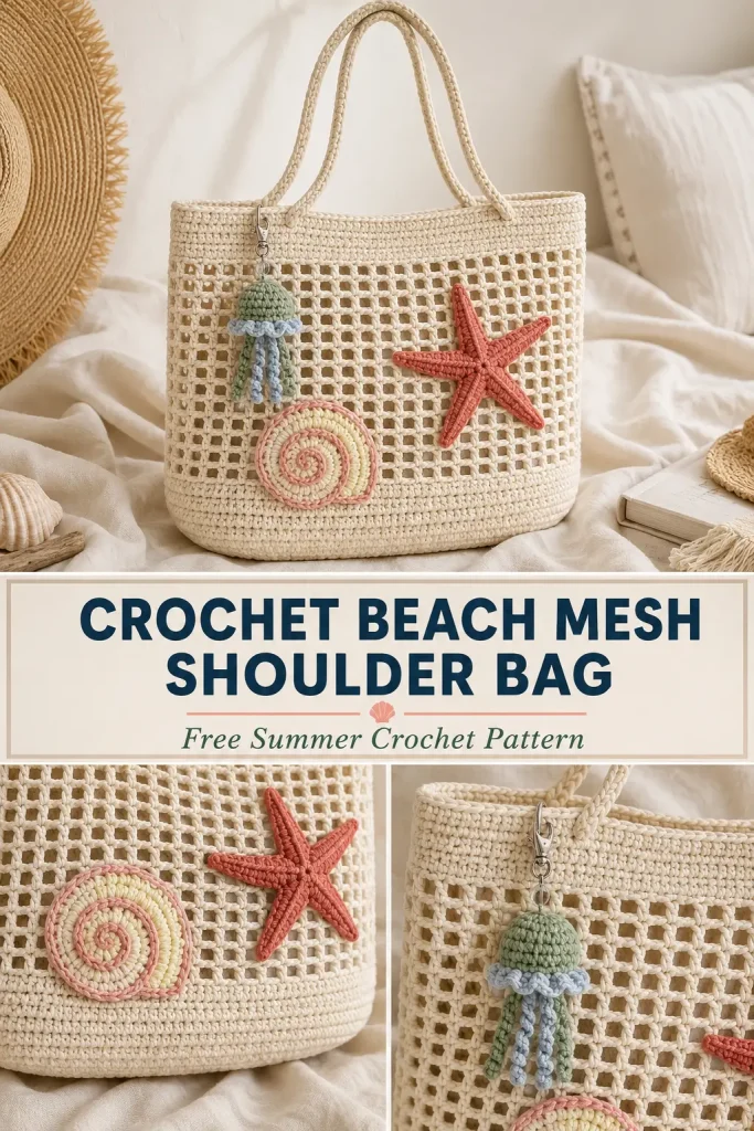 Crochet Beach Mesh Shoulder Bag with Seashell, Starfish & Jellyfish Charms