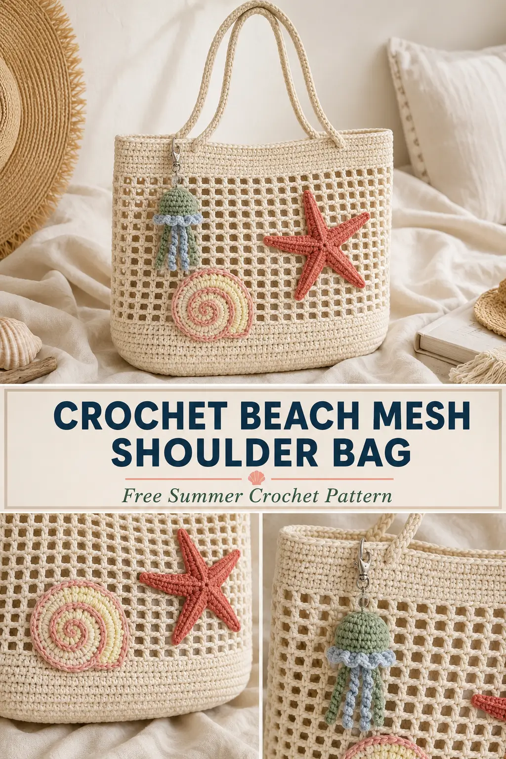 Crochet Beach Mesh Shoulder Bag with Seashell, Starfish & Jellyfish Charms