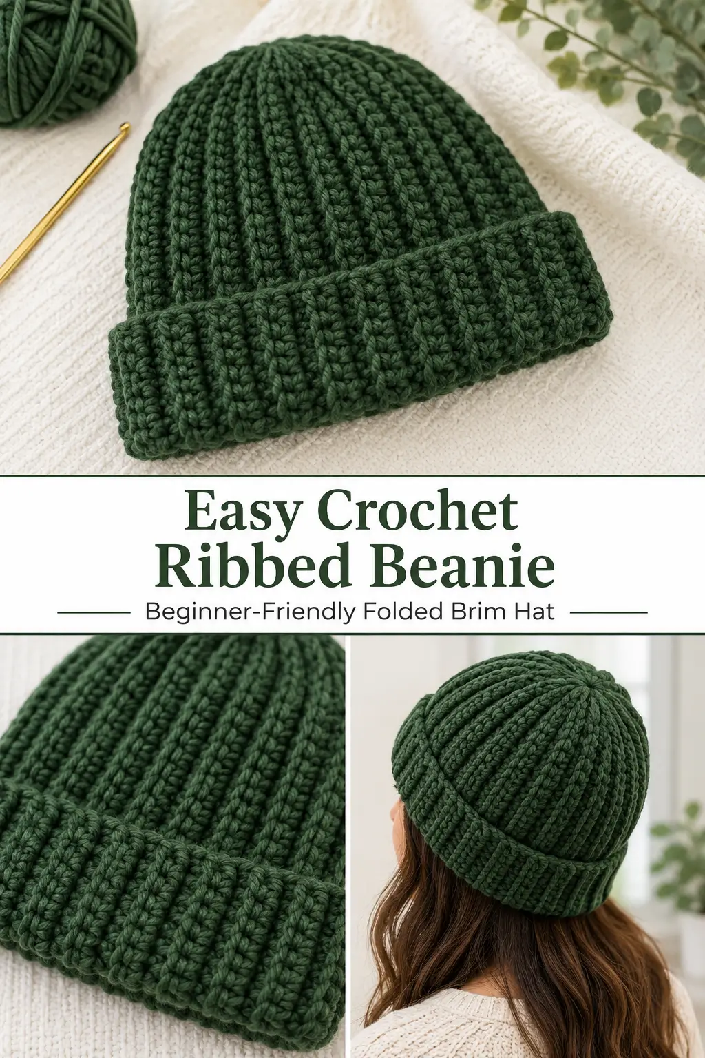 Easy Crochet Ribbed Beanie Free Pattern for Beginners