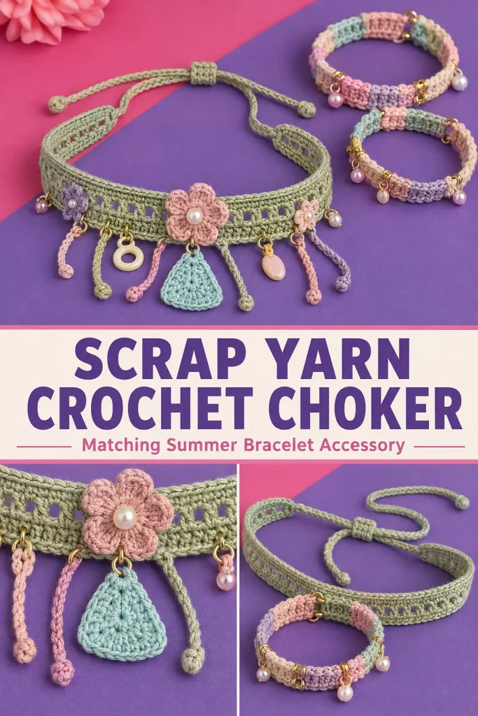Scrap Yarn Crochet Choker with Charms – Matching Summer Bracelet Accessory