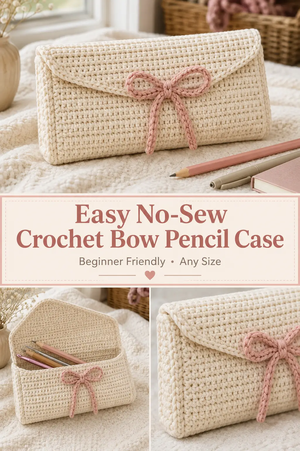Easy No-Sew Crochet Bow Pencil Case Pattern – Any Size