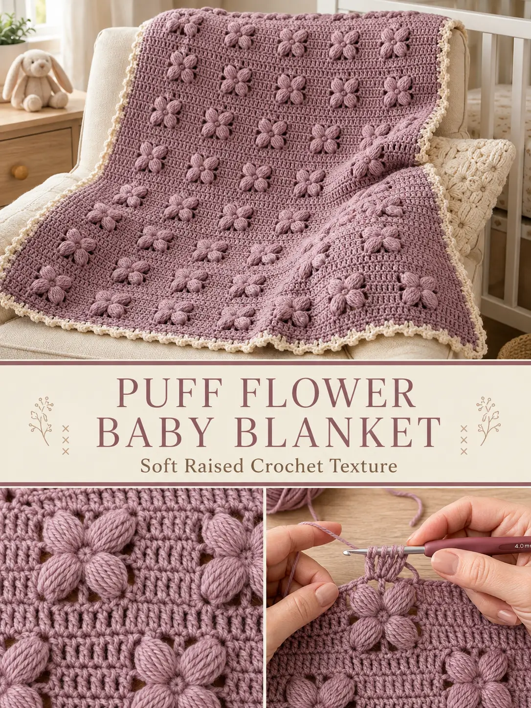 Raised Puff Flower Crochet Baby Blanket Pattern