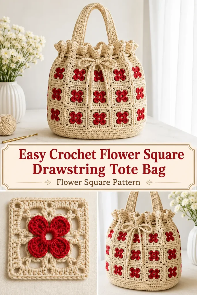 Easy Crochet Flower Square Drawstring Tote Bag