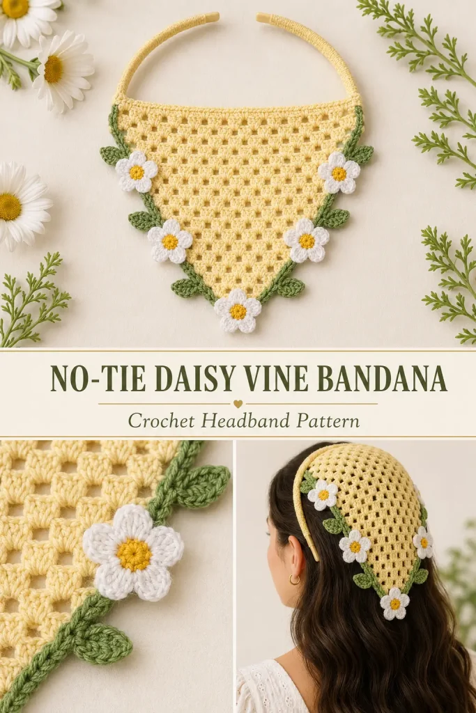 Script 1 Title: No-Tie Daisy Vine Bandana Reel 1 — No-Tie Headband Hook Crochet bandana visual consistency lock: The finished item must match the reference exactly: a pale buttery-yellow crochet triangular bandana attached to an open U-shaped hair headband. This is a no-tie bandana headband, not a regular scarf with long ties. The top has a rigid open U-shaped headband covered with yellow crochet casing only across the curved upper section. The two headband tips remain separate and uncovered at the ends. The triangular bandana body is pale yellow granny mesh with open stitch spaces. A muted green crochet vine follows the two lower sloping edges. The vine has exactly five white daisies with golden-yellow centers and six green leaves. One daisy sits at the bottom point, with two daisies along each side. The piece must not become a tied bandana, closed oval, necklace, curtain, shawl, or triangle scarf. Keep it light, summery, floral, feminine, and handmade. Creator and realism lock: Use @VeloraCrochet only if a creator appears. Show mostly product shots and safe back/side hair view. If worn, show the bandana already placed on the back of the head, no face, no mouth, no front body pose. If hands appear, show only two realistic adult woman hands. No extra hands, no floating hands, no broken fingers. Hands should only lift the headband, place it flat, or gently touch one daisy. Bright clean daylight, neutral white balance, crisp crochet stitch detail, no beige/yellow low-quality filter. Setting description: A bright clean craft table with soft cream background, yellow yarn, green yarn, white daisies, a crochet hook, and a fresh spring handmade accessory feeling. 10-second reel structure: Scene 1: 0–2 sec Visual: Start with the finished no-tie daisy vine bandana lying flat on a cream surface. The open U-shaped headband is at the top, the yellow triangle points down, and the green vine with daisies frames the edges. On-screen text only: “A bandana look without tying knots.” No spoken dialogue. Scene 2: 2–5 sec Visual: Two hands gently lift the top open headband section, showing the separate uncovered tips and the yellow crochet casing around the curved top. Dialogue: “The headband slides on, so there are no long ties to knot.” Scene 3: 5–7 sec Visual: Close-up moving down the green vine edge, showing white daisies, yellow centers, and small green leaves attached to the pale yellow mesh. Dialogue: “The daisy vine makes the whole piece feel soft and summery.” Scene 4: 7–10 sec Visual: Final reveal on the back/side of @VeloraCrochet’s hair: the yellow bandana drapes over dark hair, open headband tips sit behind the ears, and daisies face outward. Dialogue: “It wears like a headband, but looks like a sweet crochet scarf.” Important Flow notes: Do not make long tie strings. Do not connect the two headband tips into a closed circle. Do not hide the open U-shaped headband structure. Do not remove the yellow triangular granny mesh. Do not remove the green vine. Do not add extra flowers beyond five daisies. Do not add extra leaves beyond six leaves. Do not make the flowers float away from the vine. Do not show complicated hair styling or tying motion. Keep the headband already placed or handled very simply. Style: Soft crochet accessory reveal, spring daisy headband, no-tie bandana transformation. Camera: Vertical 9:16, clean product close-ups, safe back-of-head reveal, bright natural daylight. Format: Exactly 10 seconds, realistic moving AI video. Script 2 Title: No-Tie Daisy Vine Bandana Reel 2 — Daisy Detail and Pattern CTA Crochet bandana visual consistency lock: Same exact no-tie daisy vine crochet bandana from Script 1. Pale buttery-yellow triangular granny mesh body. Open U-shaped rigid headband covered only along the curved upper section. Two separate uncovered headband tips remain visible at the ends. Muted green vine follows both sloping lower edges. Exactly five white daisies with golden-yellow centers. Exactly six green leaves. One daisy centered at the lower point, two daisies on each side. No long ties, no closed oval, no elastic loop, no metal clasp, no extra flowers, no extra colors. Creator and realism lock: Use @VeloraCrochet only for hands or safe hair/back crop. Only two realistic adult woman hands if hands appear. Hands move slowly and naturally. No third hand, no floating fingers, no strange hand positions. Keep actions simple: touch a daisy, lift one edge, or show the open headband. Bright clean daylight, sharp stitch texture, true pale yellow, green, white, and golden-yellow colors. 10-second reel structure: Scene 1: 0–2 sec Visual: Close-up of the pale yellow granny mesh triangle and the green vine running along one sloping edge. On-screen text only: “The vine is what makes it special.” No spoken dialogue. Scene 2: 2–5 sec Visual: Camera moves slowly across the white daisies and green leaves, showing the golden centers and attached vine. Dialogue: “Five little daisies sit along the vine, with soft leaves between them.” Scene 3: 5–7 sec Visual: Two hands gently lift the top edge to show the hidden headband casing and the open U-shaped headband tips. Dialogue: “The top wraps around a real headband, so it stays secure.” Scene 4: 7–10 sec Visual: Final full product shot: bandana flat on the table, headband top open, yellow triangle centered, daisy vine balanced on both sides. Dialogue: “The full pattern is in the first comment.” Important Flow notes: The first-comment CTA appears only in Script 2. Do not repeat the CTA in Script 1. Do not show difficult live crocheting. Do not make the headband a closed circle. Do not add tied strings behind the head. Do not turn the bandana into a necklace or curtain. Do not make the flowers detach or float. Do not make the leaves oversized. Keep the accessory light, wearable, open, and realistic. Style: Crochet floral headband detail video, no-tie bandana explanation, soft spring accessory. Camera: Vertical 9:16, macro daisy and mesh shots, simple headband reveal, final clean product layout. Format: Exactly 10 seconds, realistic moving AI video.