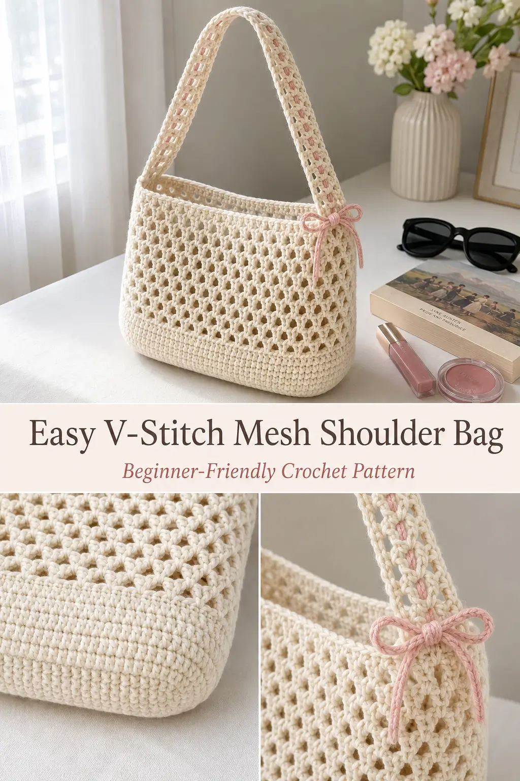 Easy V-Stitch Mesh Shoulder Bag Free Crochet Pattern