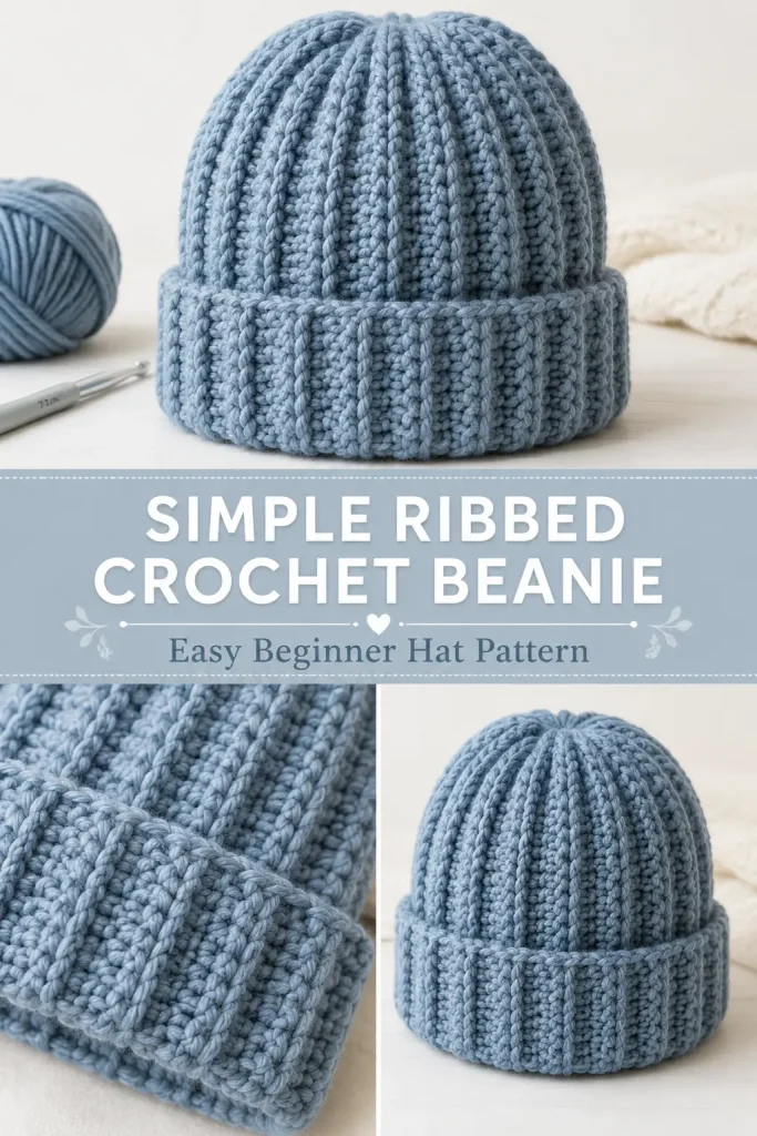 Simple Ribbed Crochet Beanie with Folded Brim – Beginner-Friendly Chunky Hat Pattern