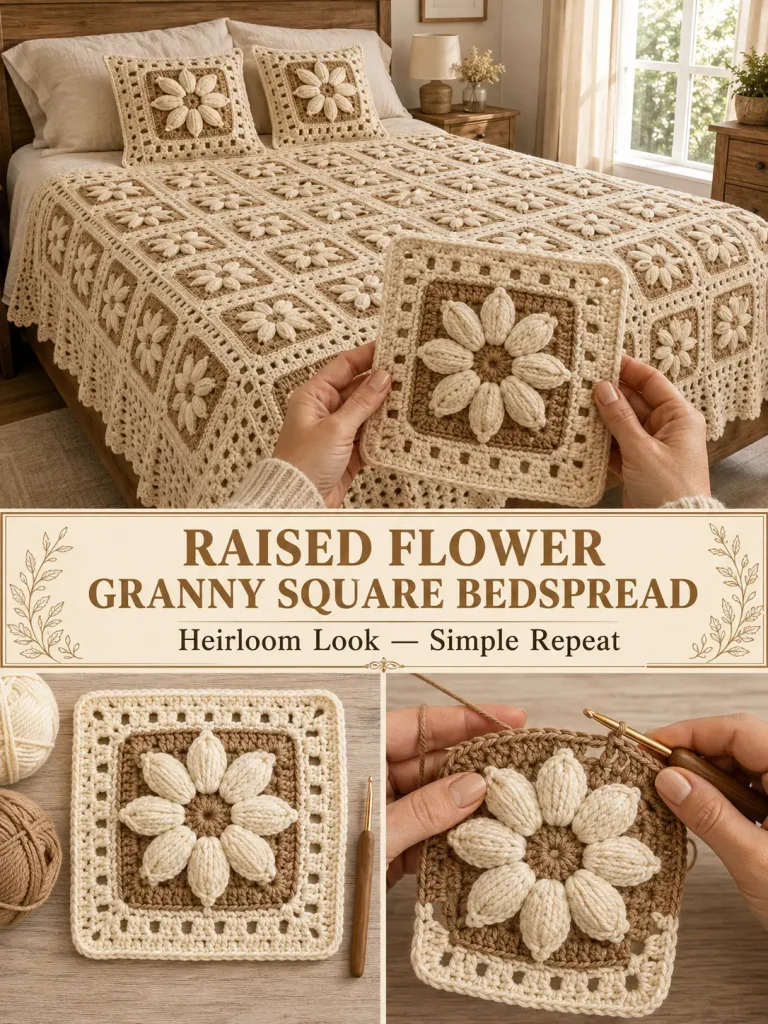 This Raised Flower Granny Square Bedspread Looks Heirloom