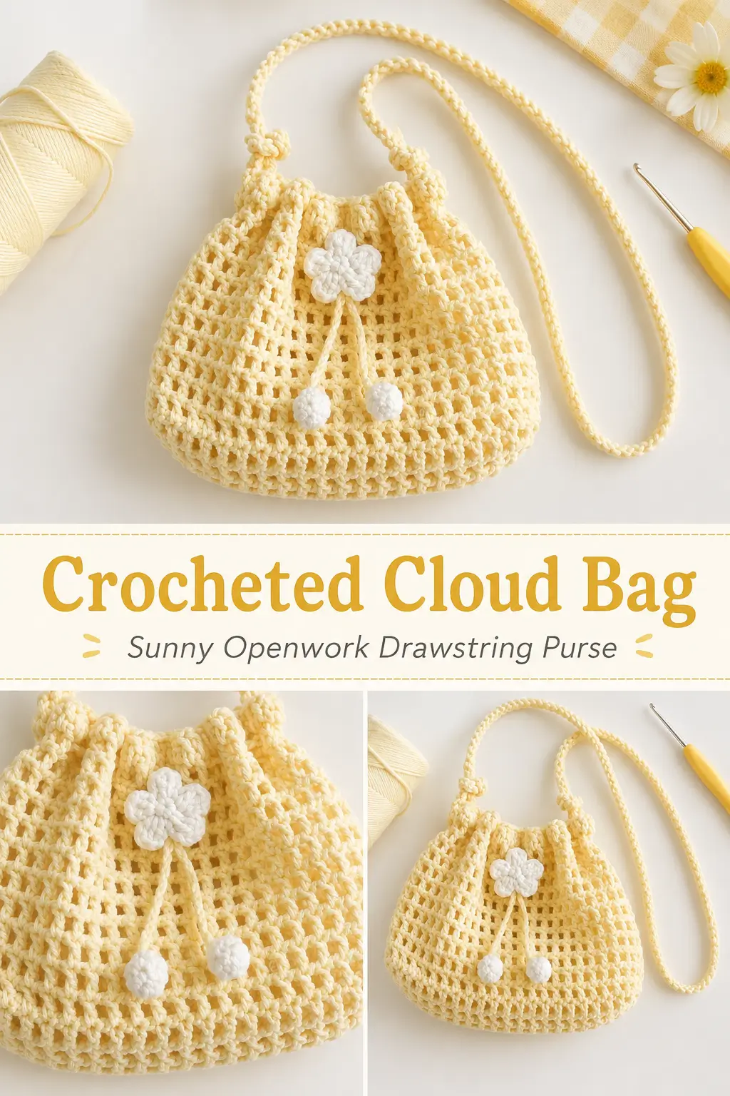 Crocheted Cloud Bag Free Pattern: Sunny Openwork Drawstring Purse