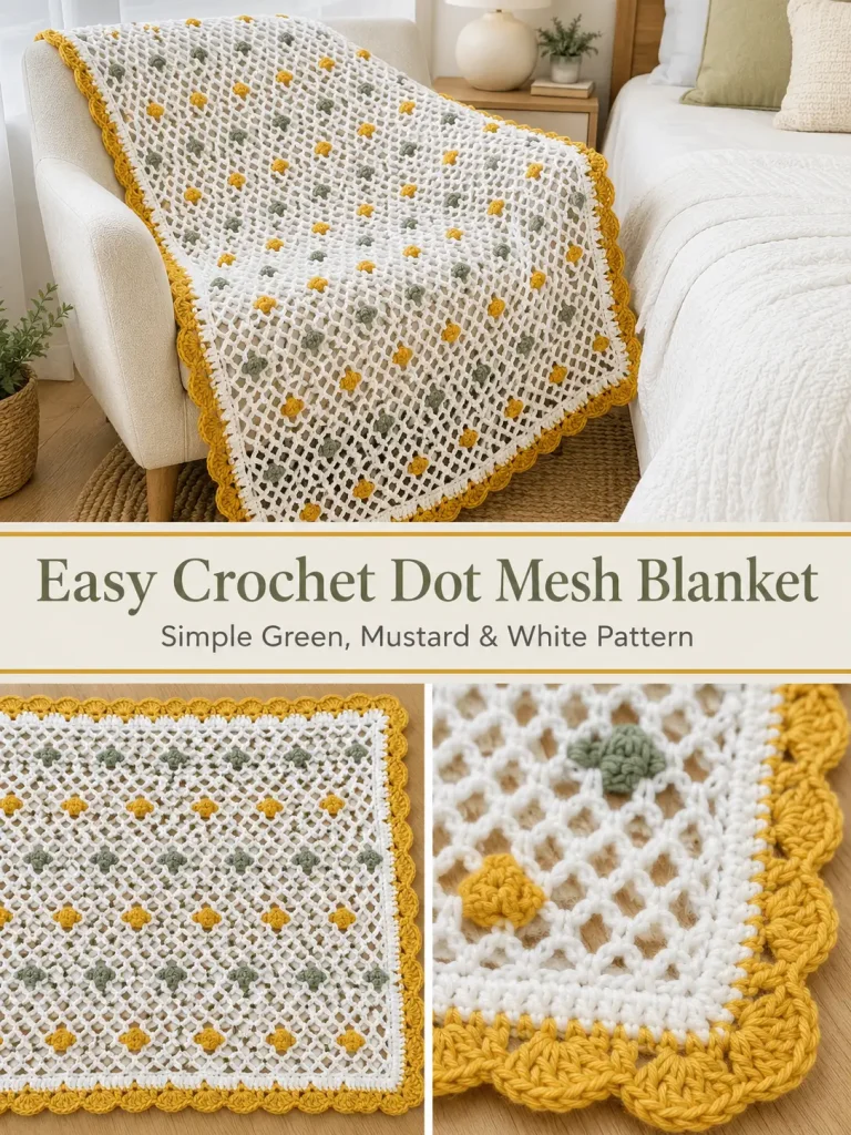 Easy Crochet Dot Mesh Blanket Pattern – Green, Mustard and White