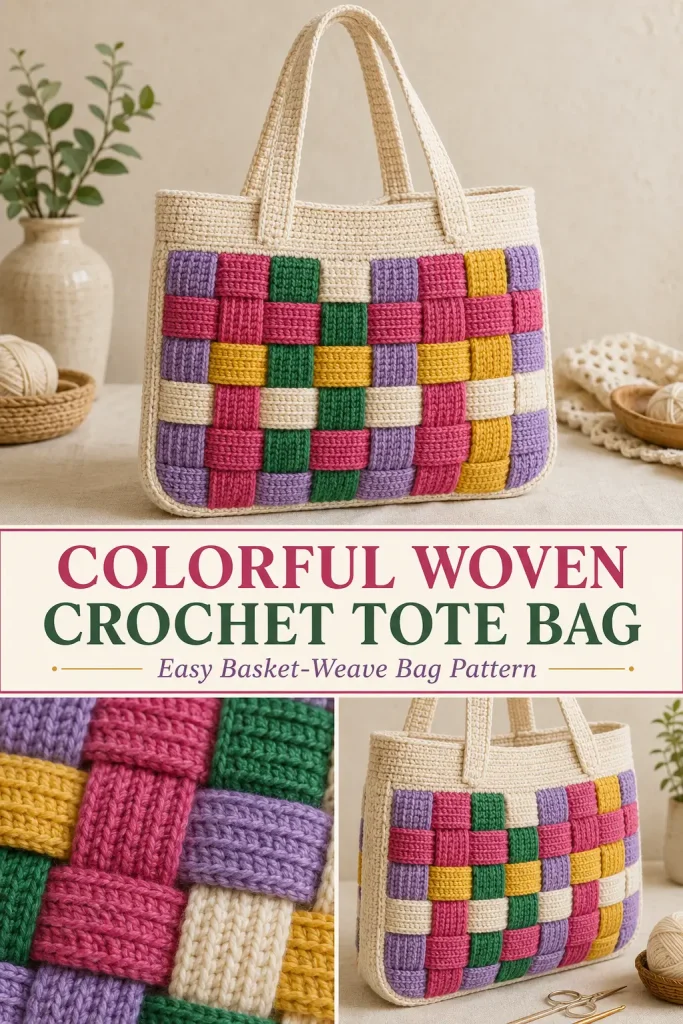 Easy Woven Crochet Tote Bag Pattern – Colorful Basket-Weave Bag