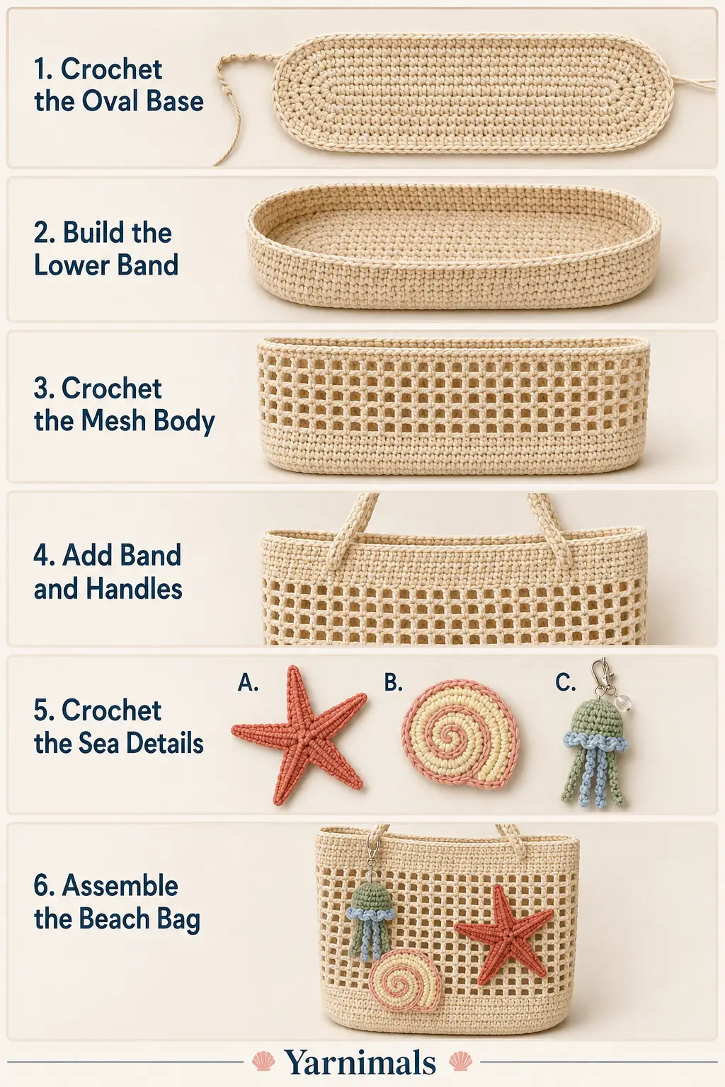 Crochet Beach Mesh Shoulder Bag with Seashell, Starfish & Jellyfish Charms