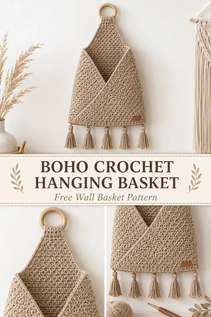 Boho Crochet Hanging Basket with Wooden Ring and Tassels