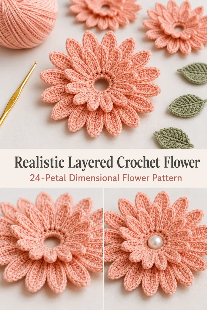 Realistic Layered Crochet Flower Free Pattern with Optional Pearl Center