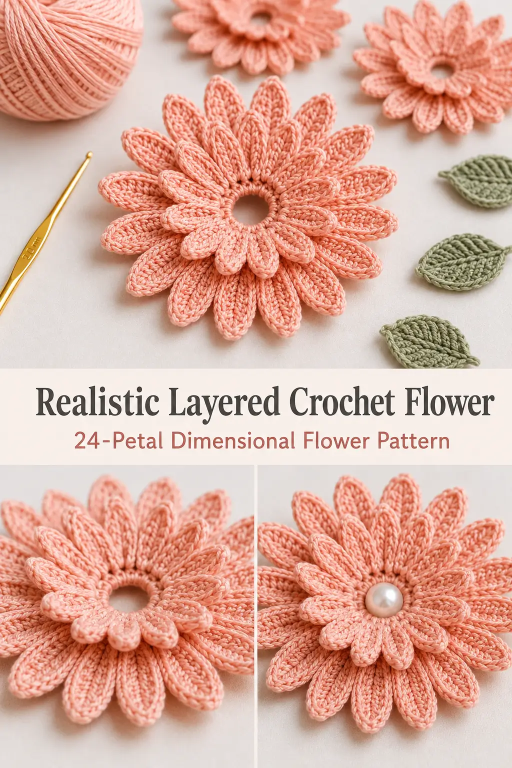 Realistic Layered Crochet Flower Free Pattern with Optional Pearl Center