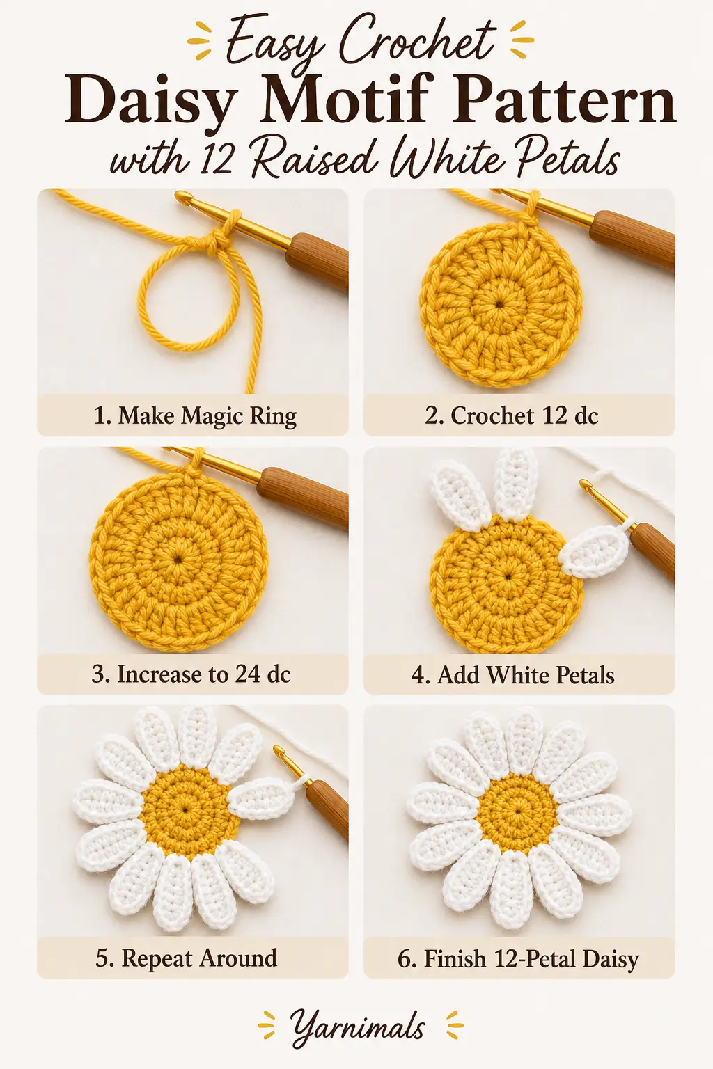 Easy Crochet Daisy Motif Pattern with 12 Raised White Petals