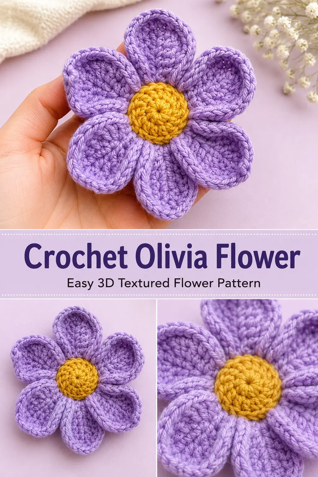 Crochet Olivia Flower Pattern – Easy 3D Textured Flower