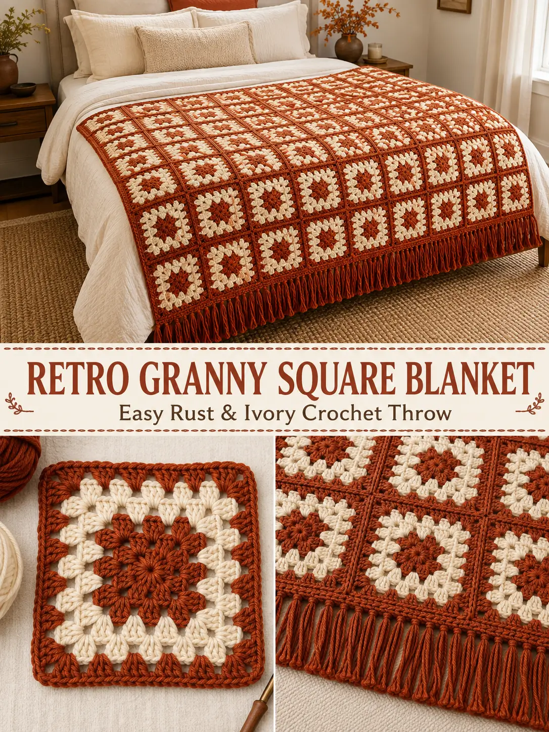 This Retro Rust & Cream Granny Square Blanket Looks Vintage