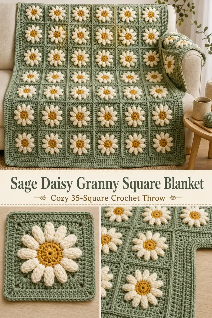 Sage Daisy Granny Square Blanket Free Crochet Pattern