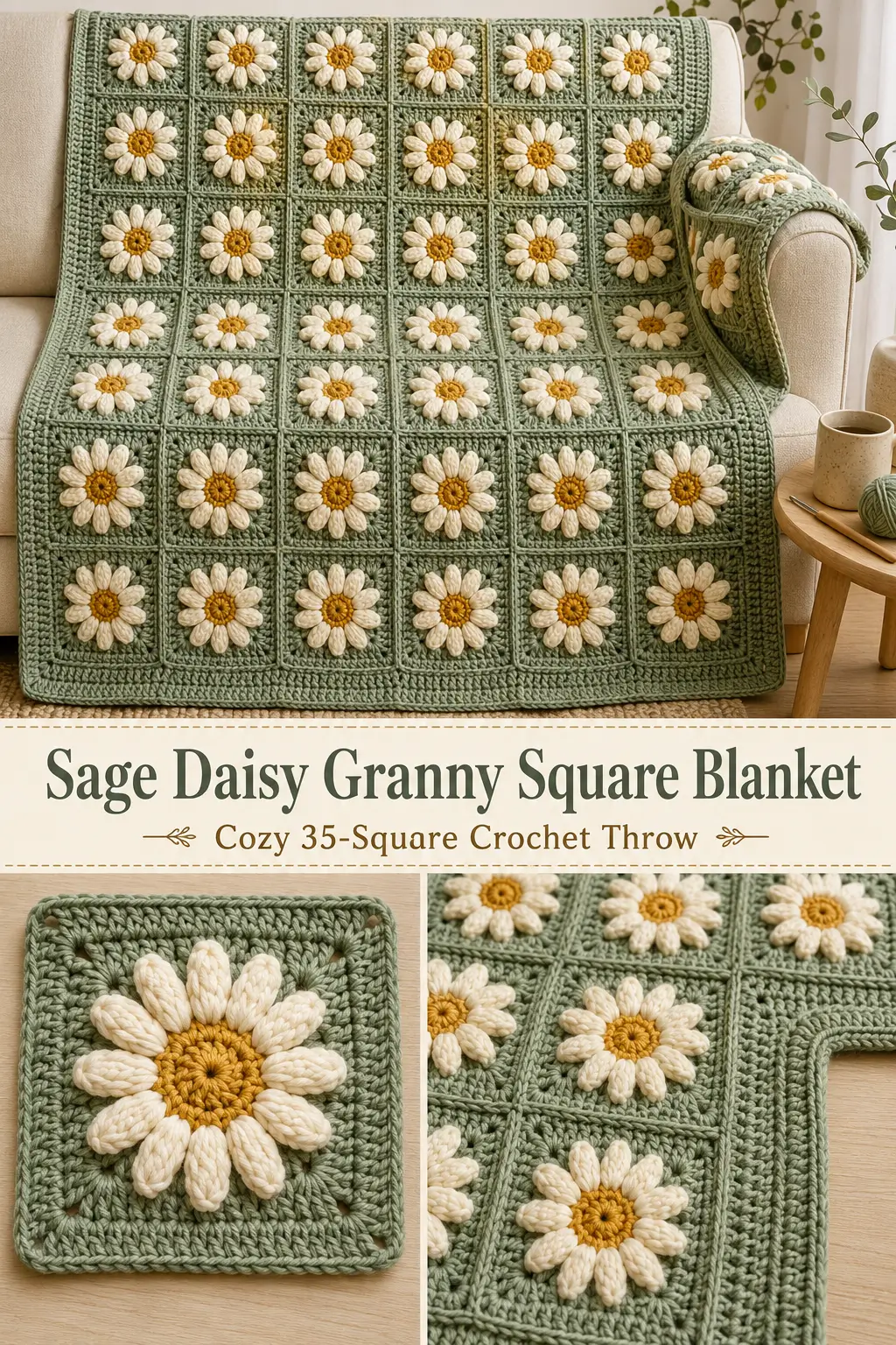 Sage Daisy Granny Square Blanket Free Crochet Pattern