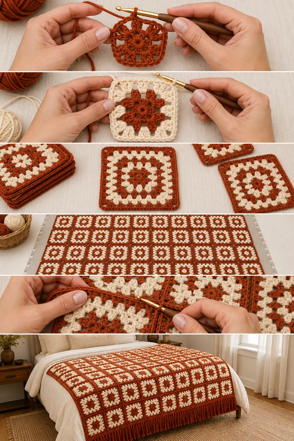 This Retro Rust & Cream Granny Square Blanket Looks Vintage