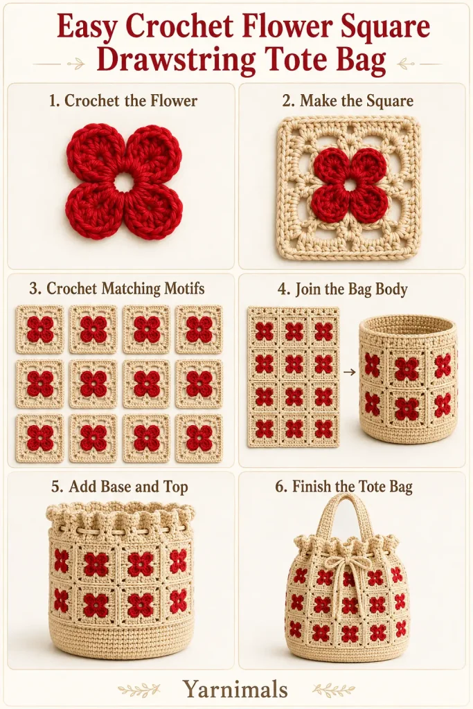 Easy Crochet Flower Square Drawstring Tote Bag