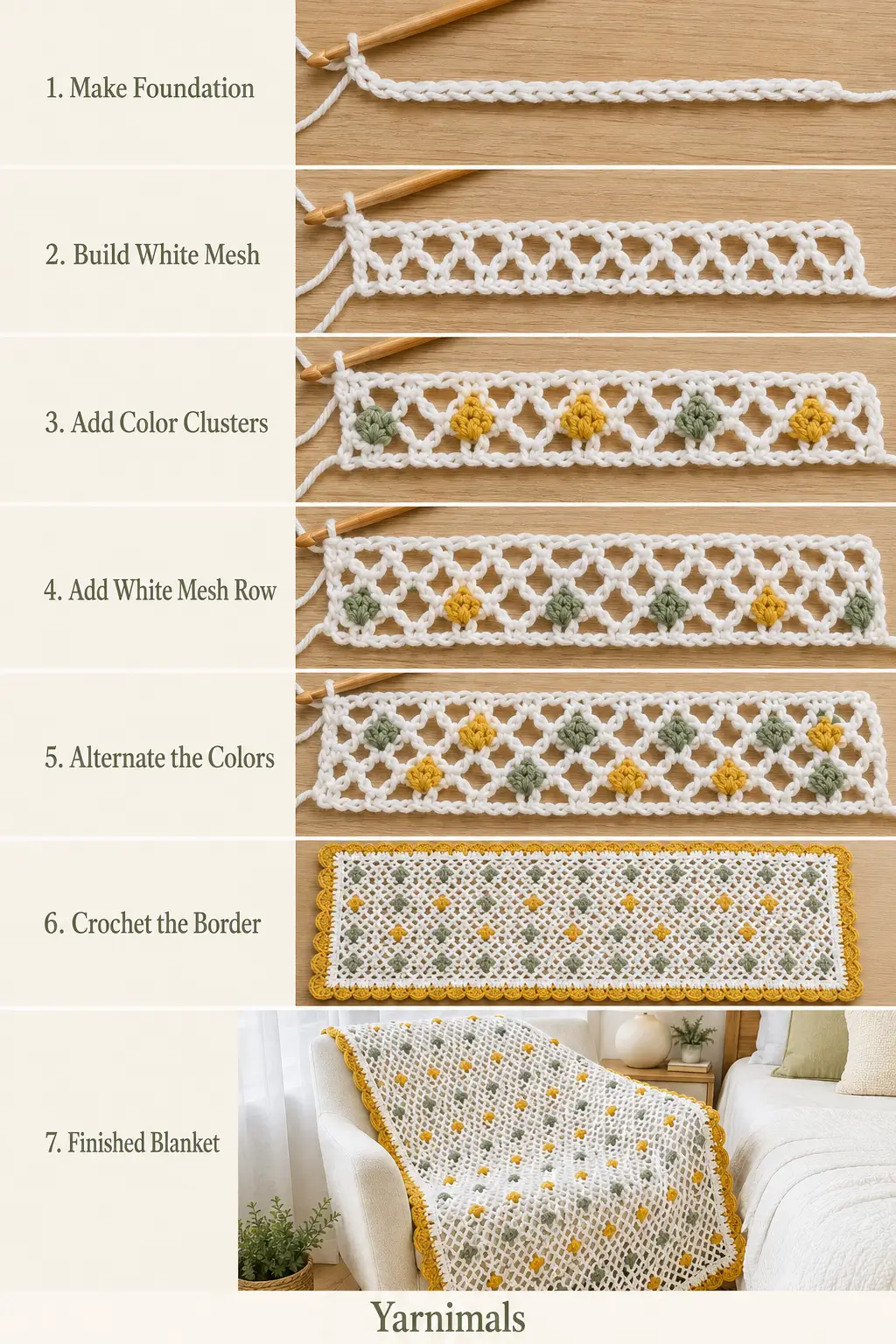 Easy Crochet Dot Mesh Blanket Pattern – Green, Mustard and White